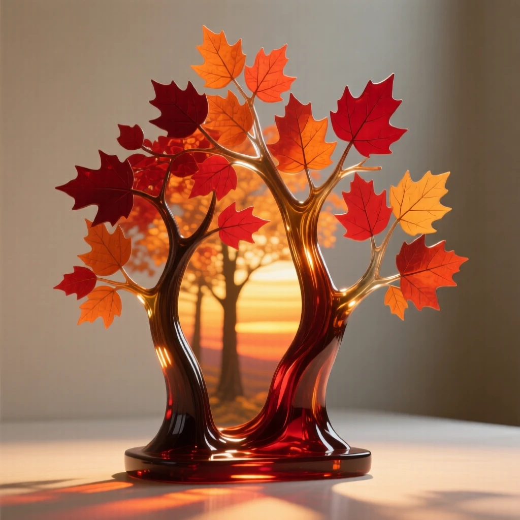 An autumn forest ablaze with red and orange leaves bathed in the warm glow of sunset, rich saturated colors, evoking a deep sense of wonder.