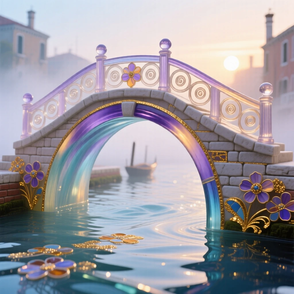 An ancient stone bridge arching over a misty river at dawn, timeless and picturesque.