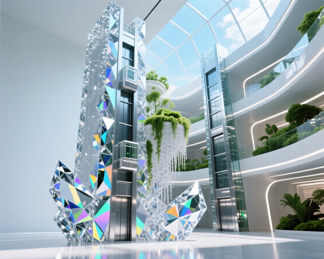 A futuristic skyscraper atrium with cascading indoor gardens and glass elevators.