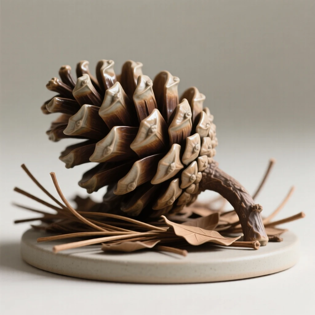 A pinecone resting among fallen needles caught mid-sway in a gentle breeze, its stem gently arching under its own weight, evoking fragile beauty and quiet renewal.
