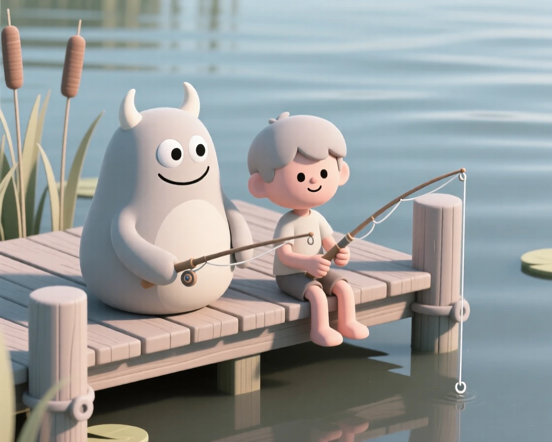 A gentle swamp monster shares a peaceful afternoon fishing beside a young boy on a quiet bayou dock.