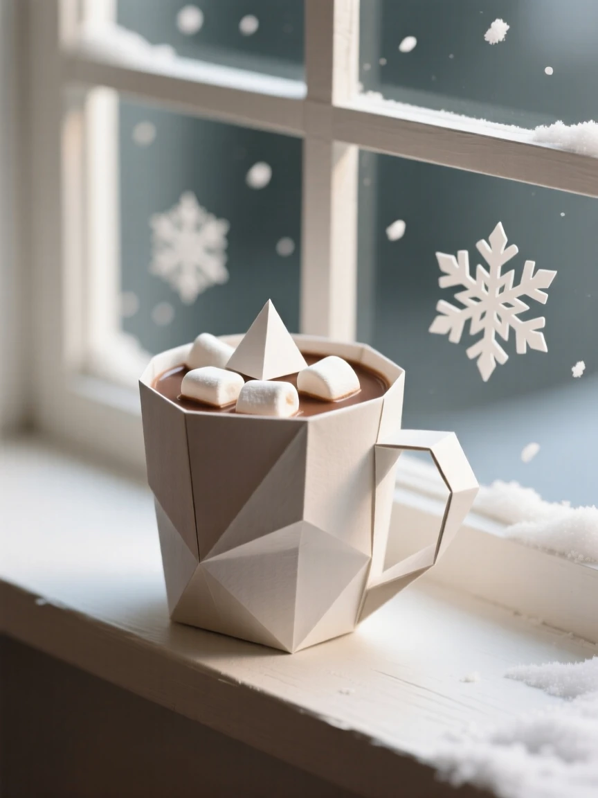 A cup of hot cocoa with marshmallows resting on a windowsill overlooking falling snow.