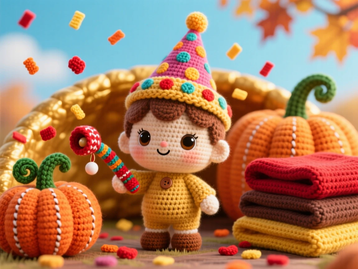A festive scene of a small child with a New Year's noisemaker wearing a paper party hat, celebrating under a shower of confetti within a golden pumpkin patch under a crisp autumn sky; a stack of warm blankets nearby, radiating bright cheerful energy of a special day.