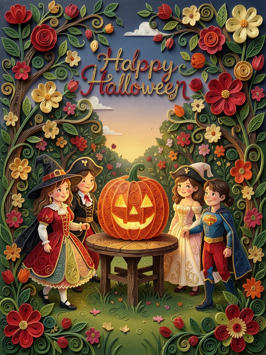 a costume parade of children trick-or-treating at dusk, in a garden bursting with spring blossoms, composed with a cozy, inviting central focal point, in classic holiday tones of red, green, and gold.
