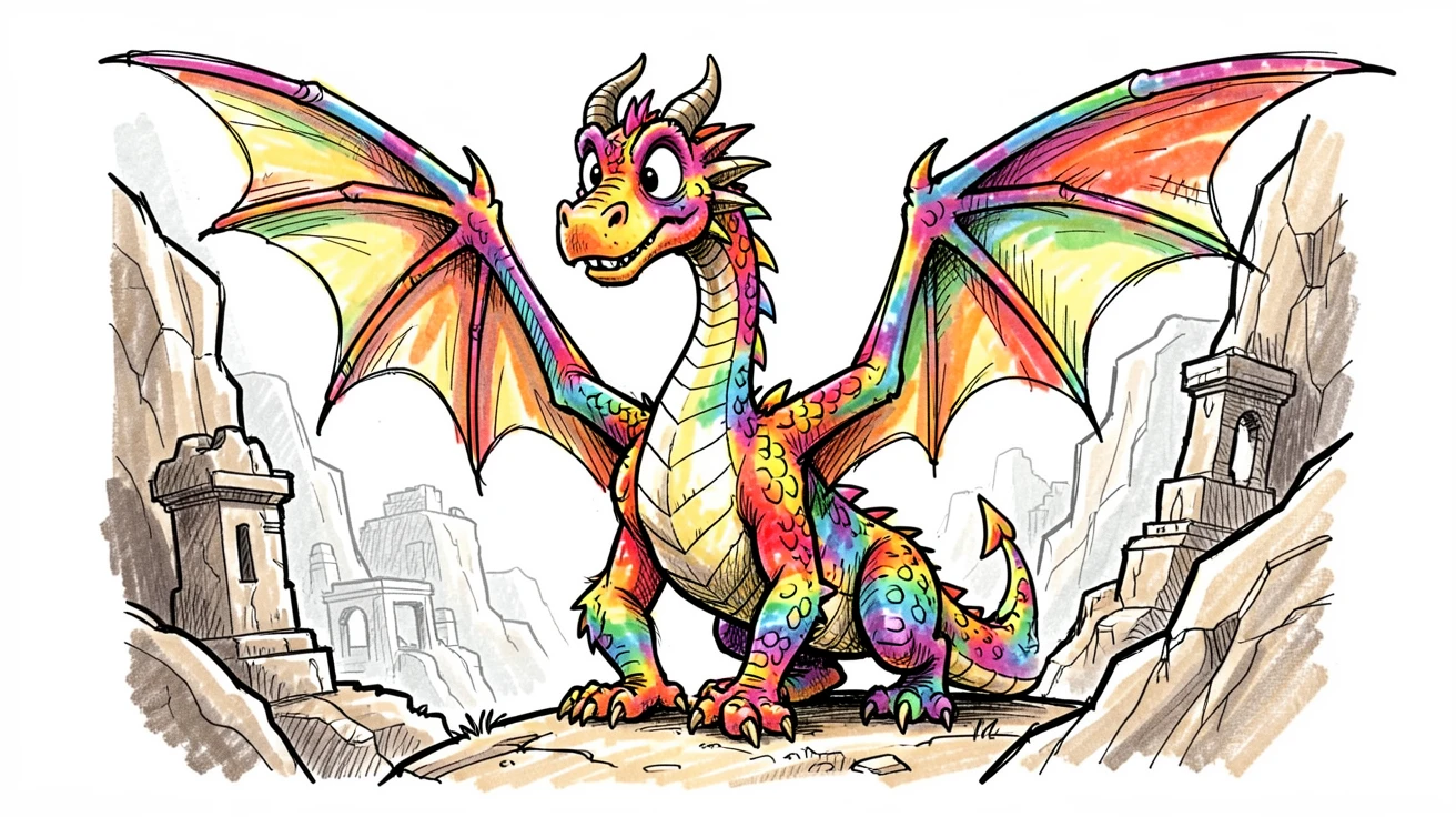 A dragon with rainbow-colored scales stretching its wings in a canyon lined with ancient ruins.