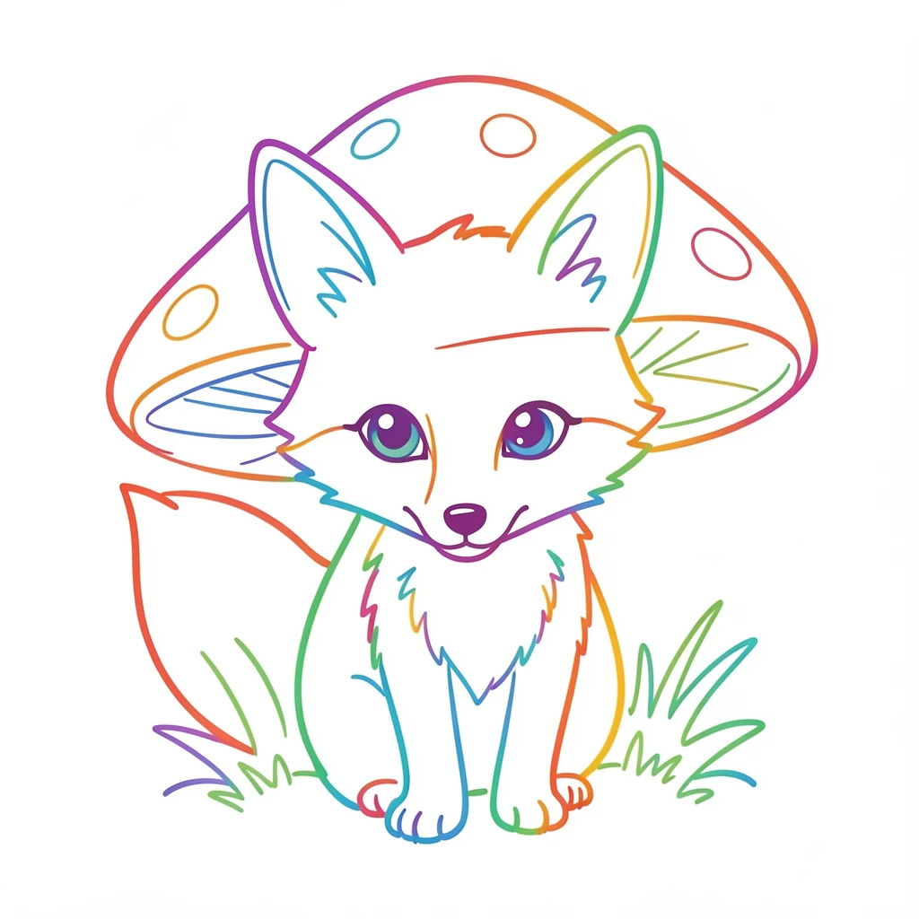 A round-eyed baby fox wearing a tiny scarf, peeking out from behind a mushroom.