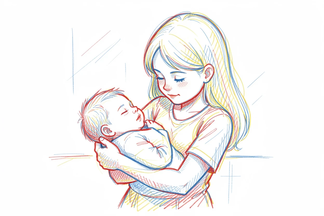 A little girl hugging her newborn baby brother for the first time