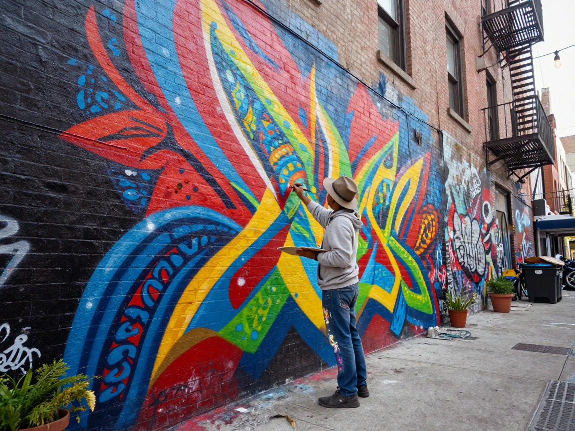 A muralist painting a massive colorful wall in a city alley