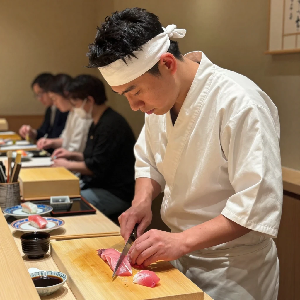 A sushi chef slices fresh fish with practiced precision behind a small counter.