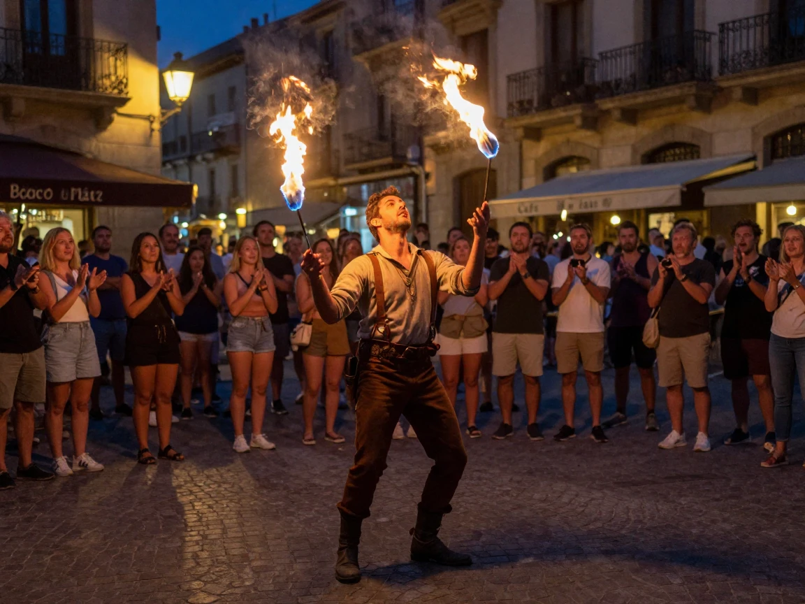 A street performer juggling flaming torches for a crowd in a European square at night