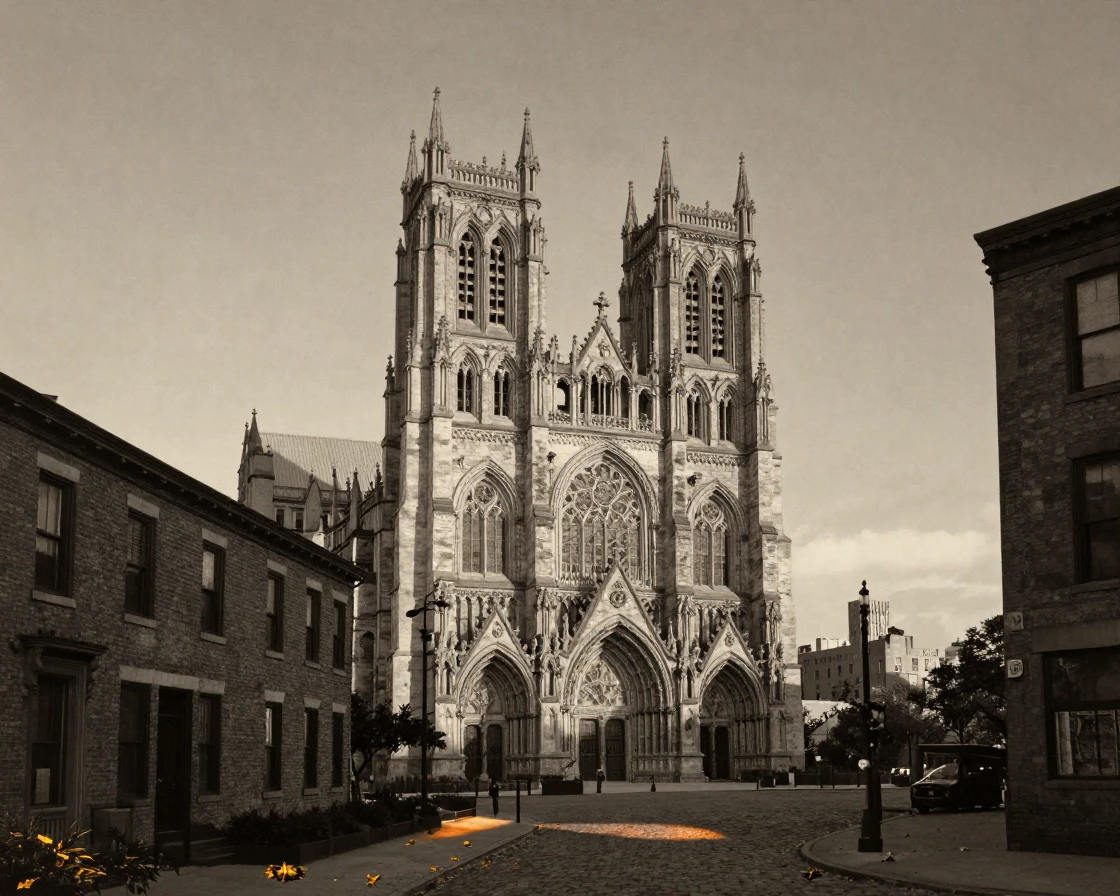 A grand old cathedral rising above a historic city skyline, in the last light of dusk, as heat shimmers over the ground, as summer fades into fall, with stark black-and-white contrast softened by a single warm hue, at eye level, intimate and direct.