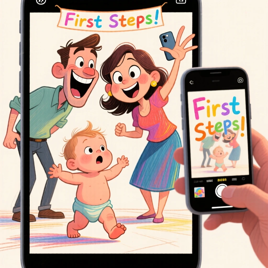 A couple watching their child take their very first steps, phone raised to record.