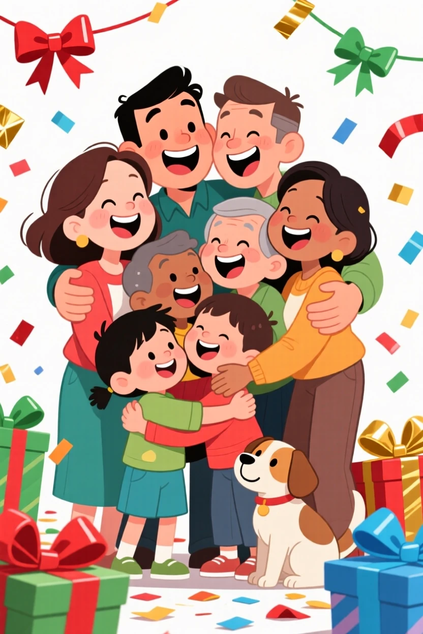 A heartwarming scene of a blended family sharing a huge group hug and laughing together, surrounded by scattered wrapping paper and bows.