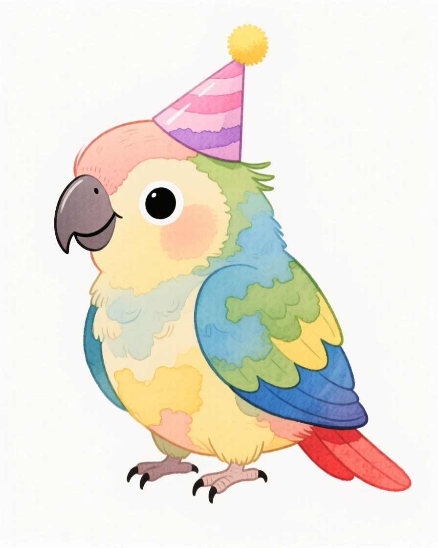 A colorful parrot wearing a tiny party hat