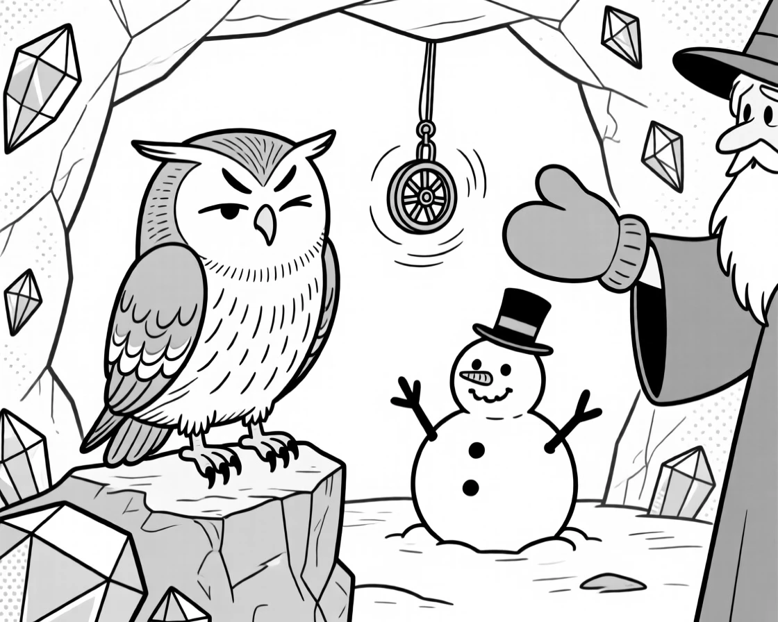 A wizard's owl familiar rolling its eyes at its master, patting the snowman proudly with oversized mittens, set deep inside a glittering gemstone mine. A tiny cart wheel spins uselessly in the air. It feels like a page pulled from a beloved fairy tale.