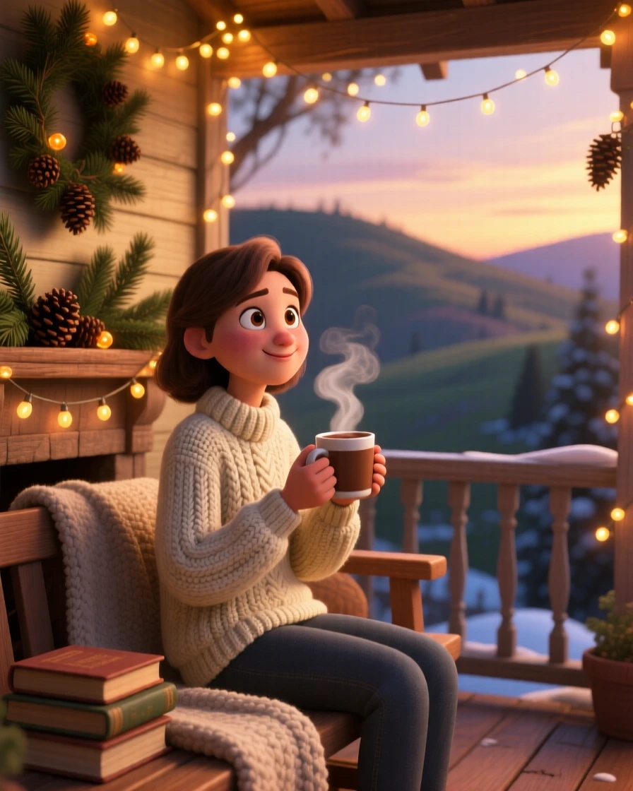 A young woman in a thick knitted sweater sits under a canopy of fairy lights on a porch, sipping a steaming mug of cocoa. A gentle nostalgia and calm settle over the scene, with pine branches decorating the mantel.