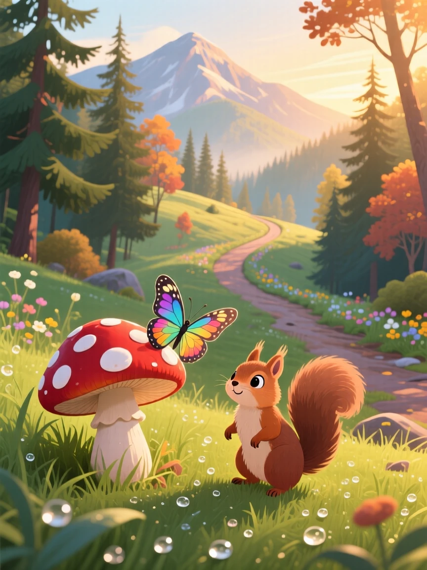 Near a winding mountain trail, a delicate butterfly is peeking out from behind a mushroom alongside a small woodland friend, as morning dew glistens on the grass.