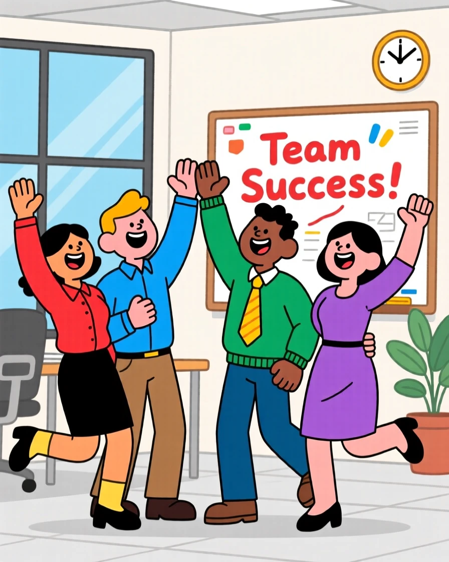 A group of coworkers celebrating a shared success with high-fives.