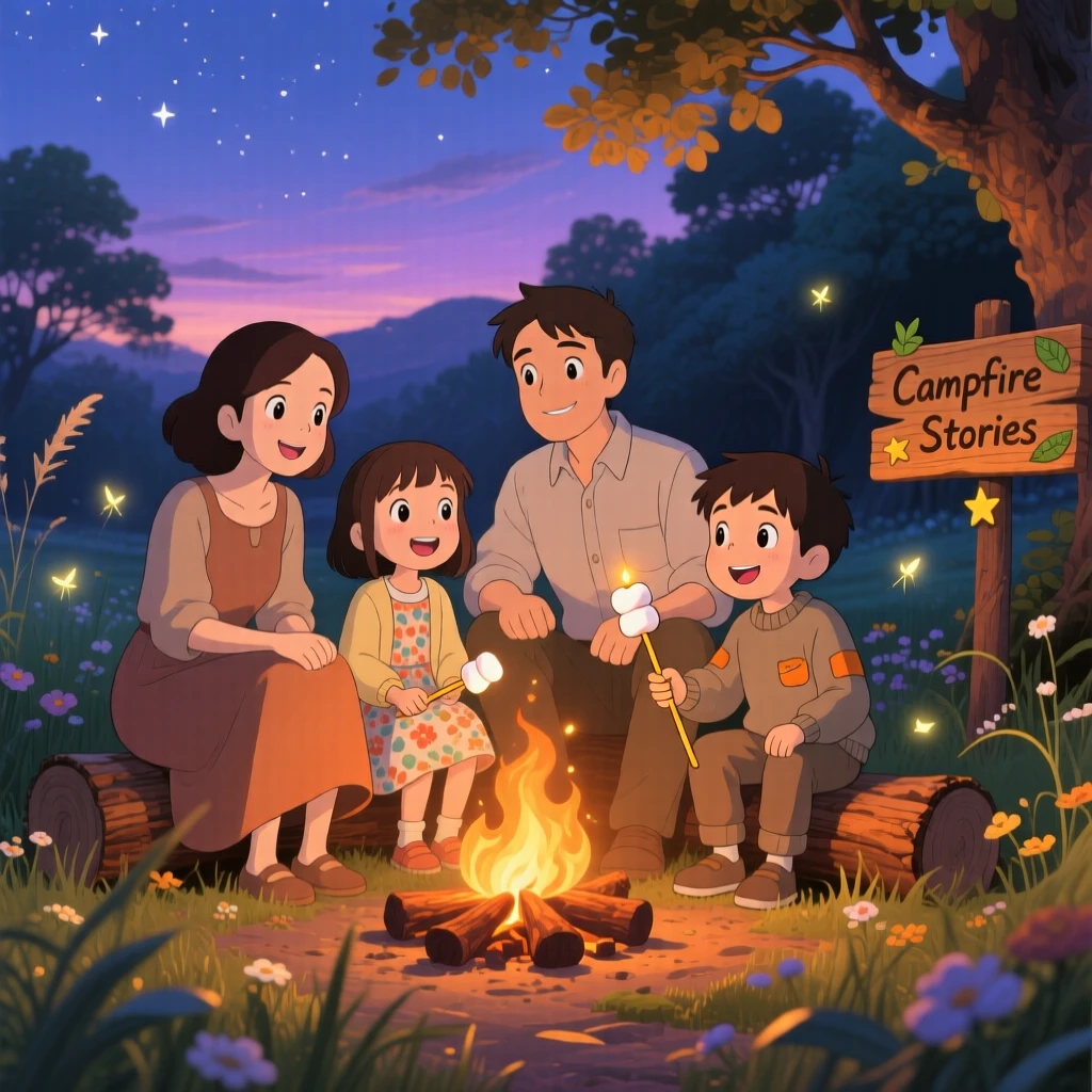 A family roasting marshmallows around a small campfire, the scene quietly joyful.