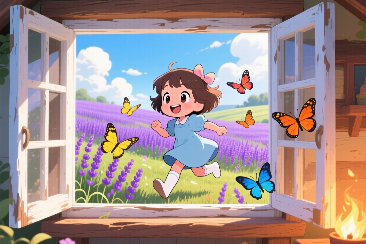 Framed through a window of a small child, chasing butterflies through a field of lavender, in a rolling purple flower field, beneath fluffy drifting clouds, illuminated by cozy firelight, radiating playful mischief.