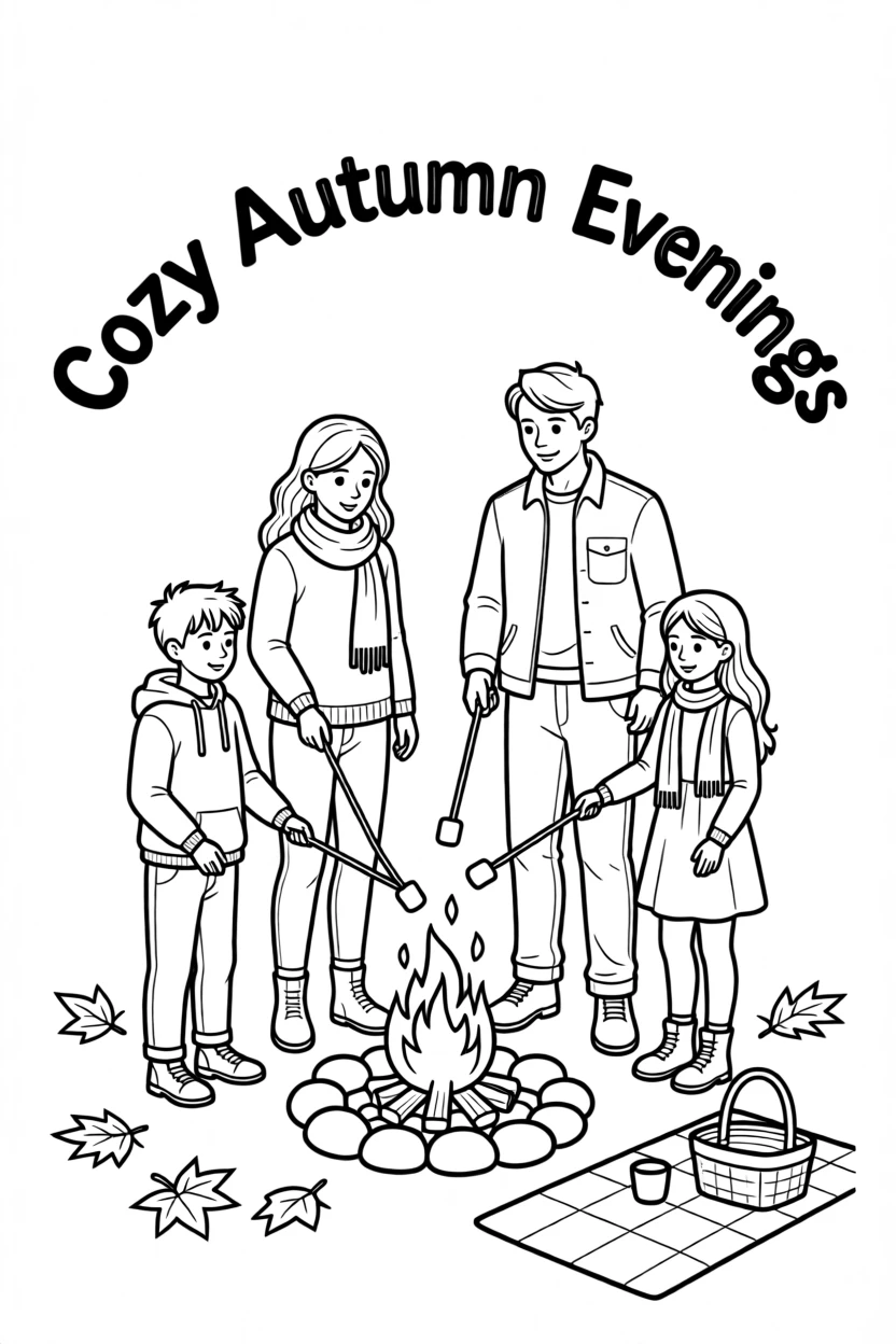A cozy autumn evening with a family roasting marshmallows