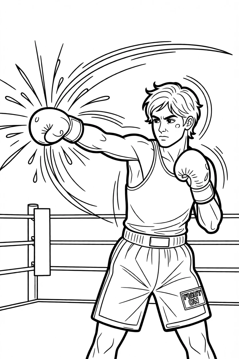 A boxer mid-punch with sweat flying from the impact, with sweat and motion lines emphasizing the movement.