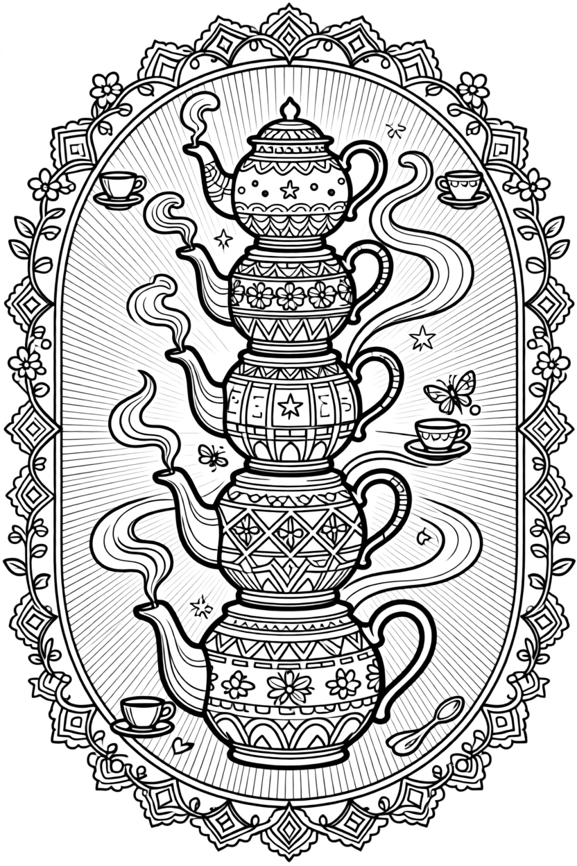 A mandala of stacked teapots and steam curls forming a whimsical design.
