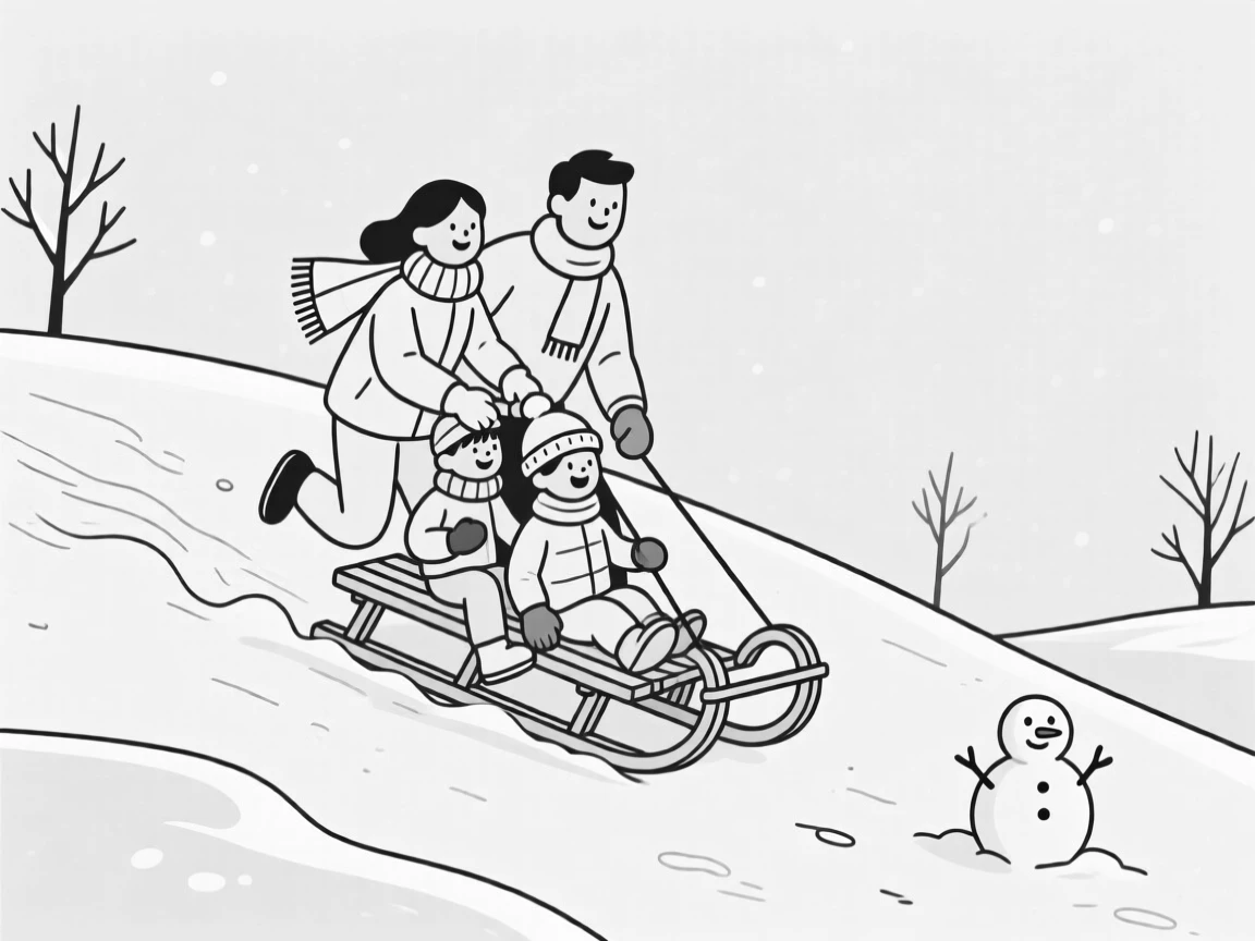 A family sledding down a snowy hill