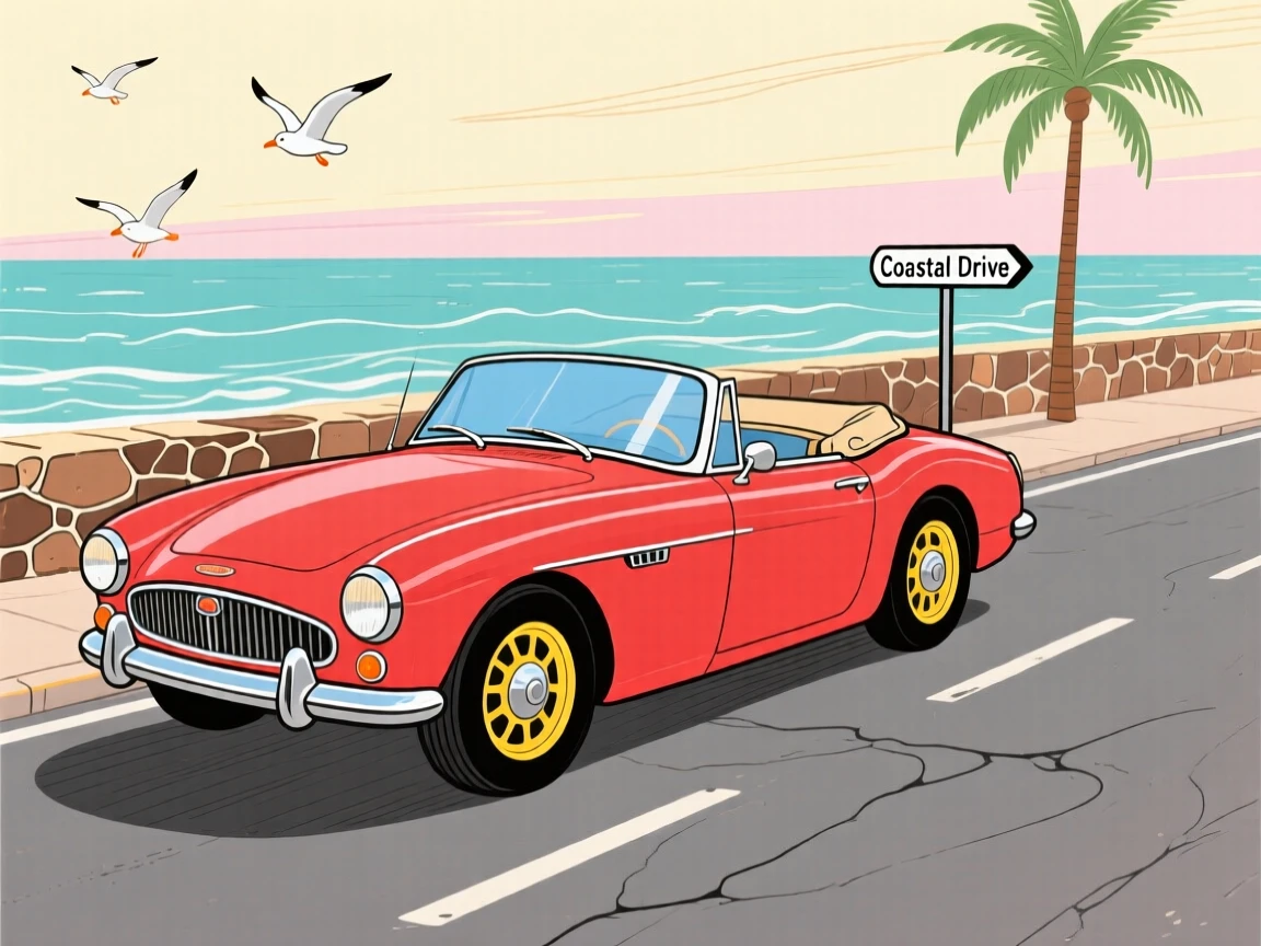 A classic convertible car parked along a coastal road.