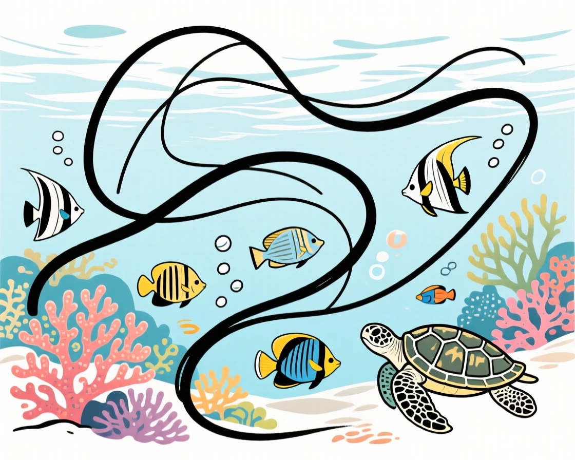 A colorful coral reef teeming with tropical fish and sea turtles.