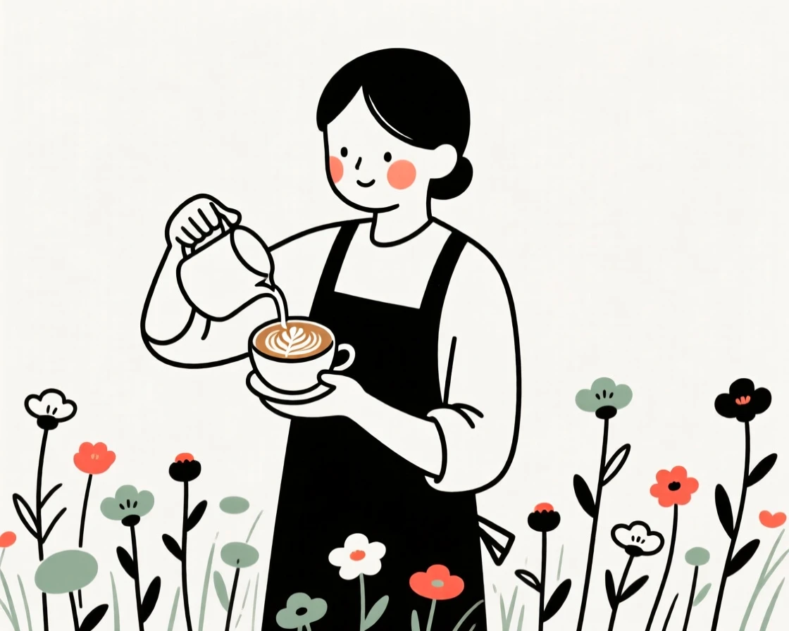 A barista crafting latte art in a field of wildflowers.