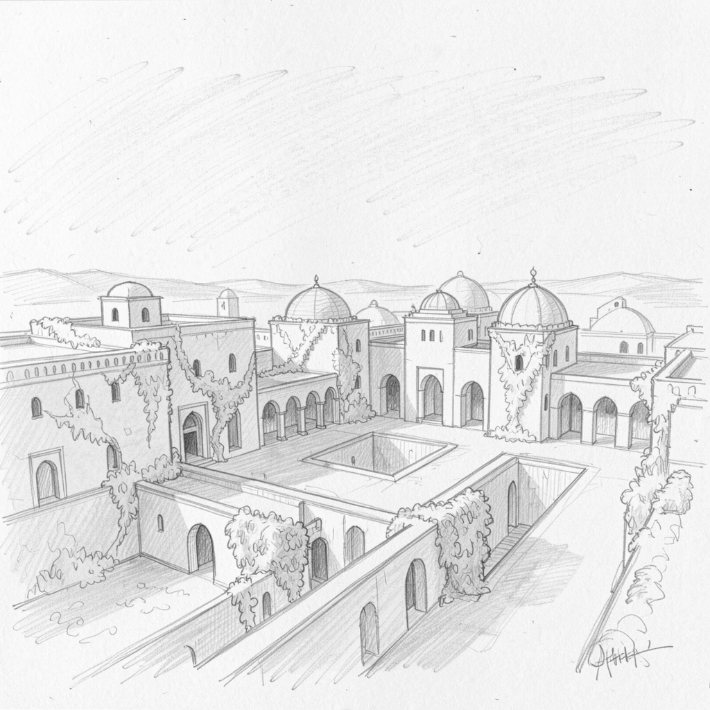 Sweeping architectural view of a sprawling desert palace, beneath a clear blue sky, with lush ivy climbing the walls.