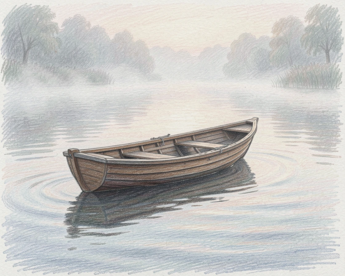 A lone rowboat drifting on a still, misty lake at dawn, with soft, diffused light creating a tranquil atmosphere, perfect for a calming, meditative atmosphere.