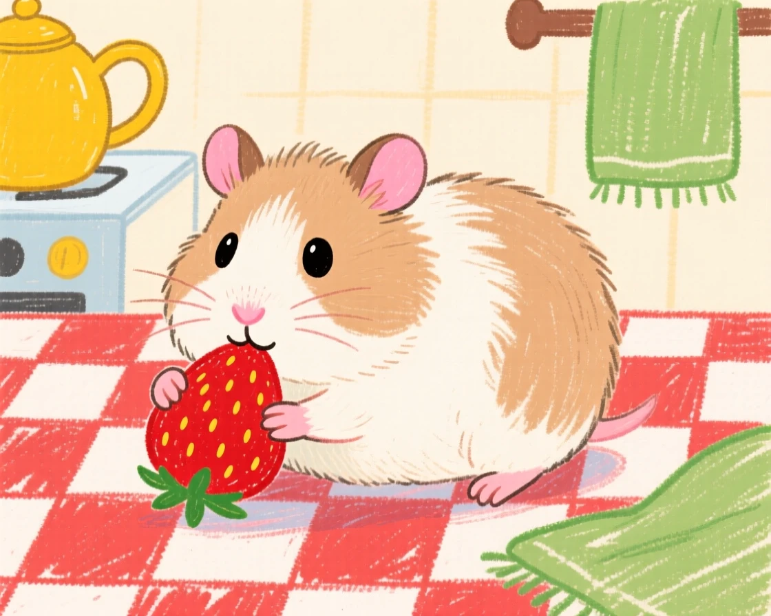 A guinea pig nibbling a strawberry on a checkered kitchen counter.