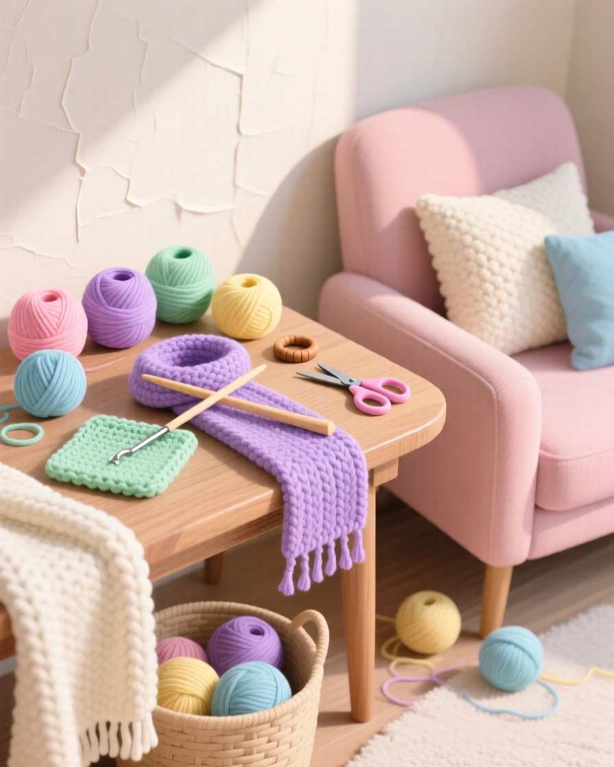A DIY craft table with colorful yarn and unfinished projects, arranged in a cozy corner filled with soft textures, composed with soft natural light falling diagonally across the scene, with gentle pastel tones evoking calm and comfort.
