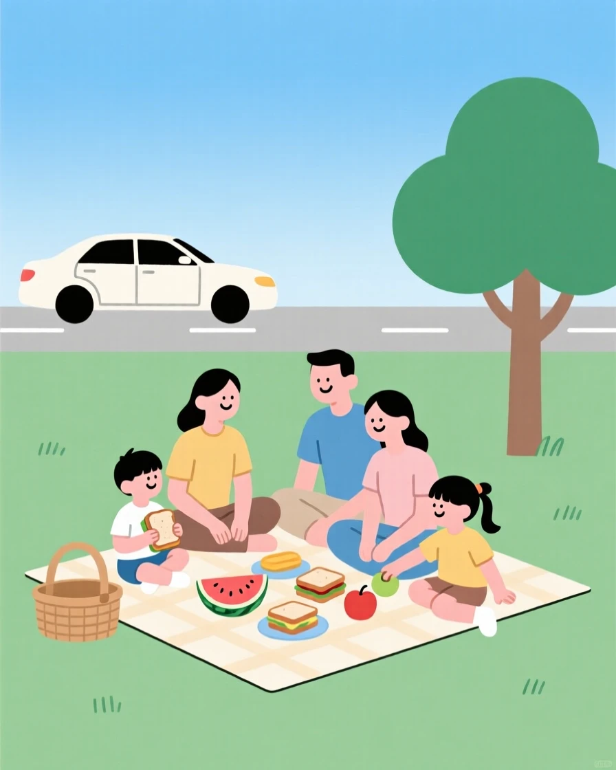A family having a picnic together during a road trip.