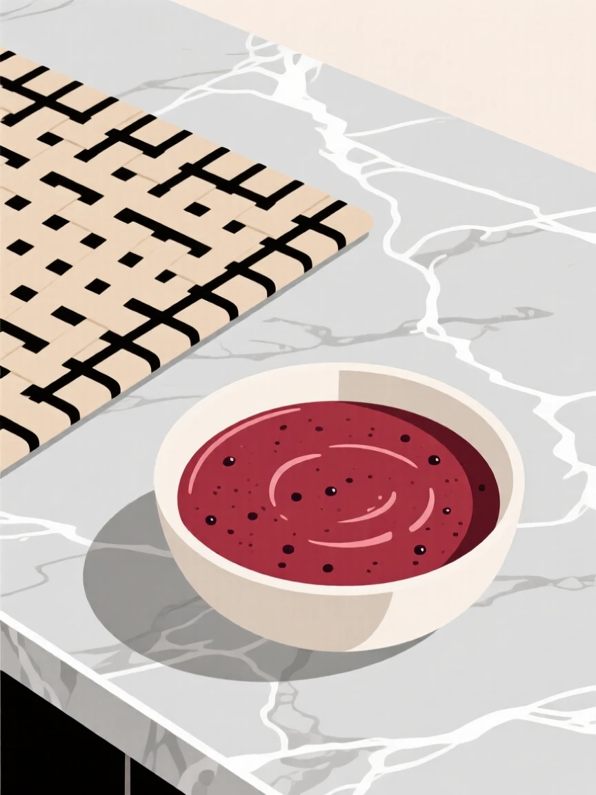 A homemade bowl of berry smoothie cooling near a woven placemat on a marble countertop, expressing warm comfort.