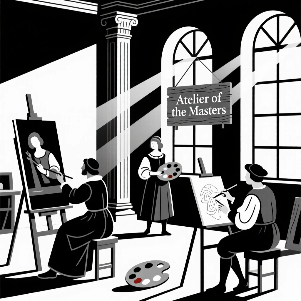 Renaissance artists painting in a grand studio.