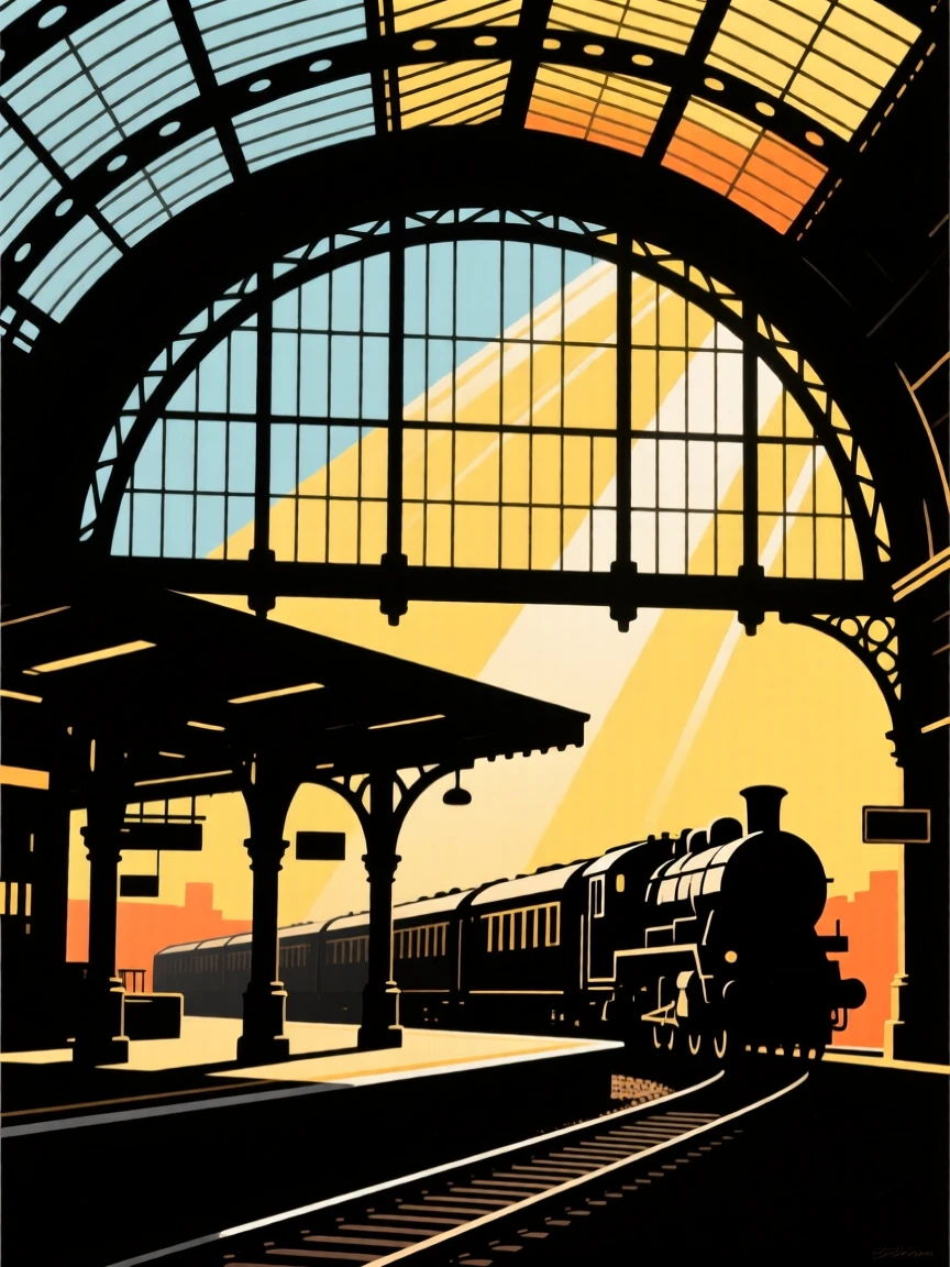 A grand old train station with an arched glass ceiling flooded with light.