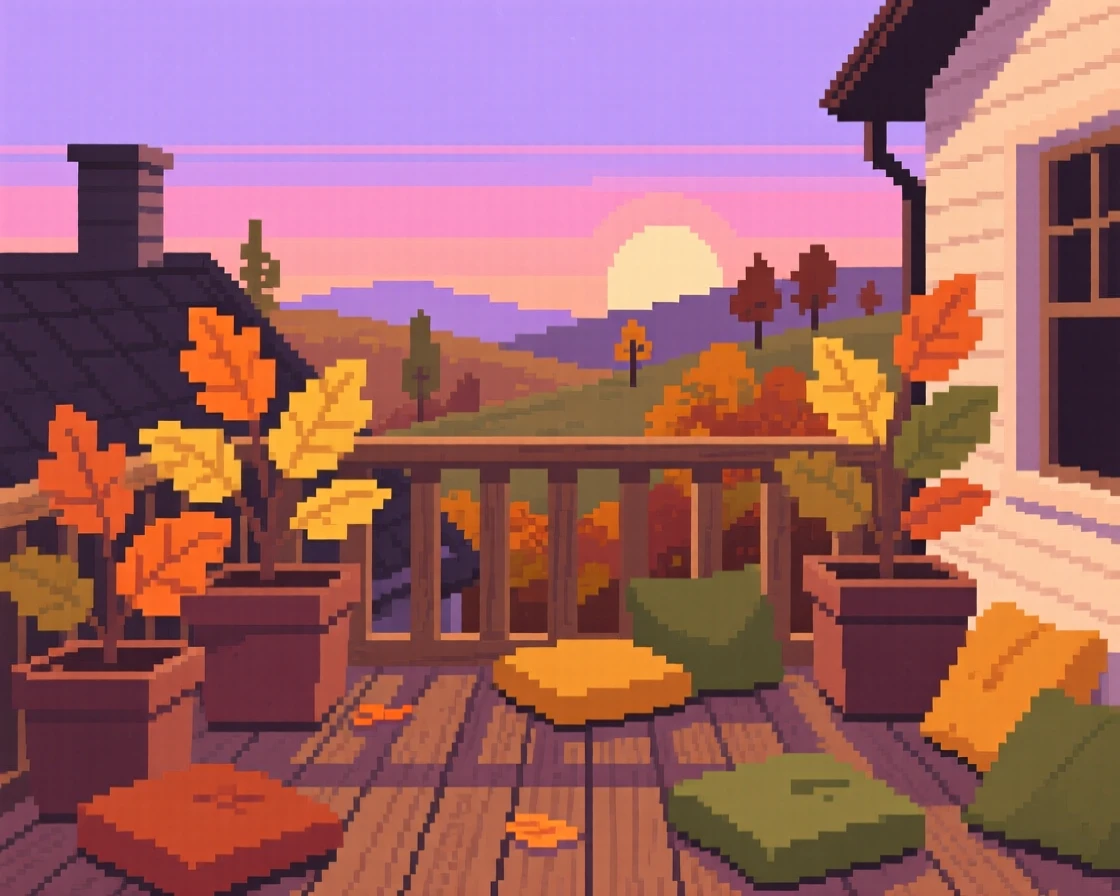 A rooftop balcony surrounded by potted plants and soft cushions, in a countryside cottage during autumn.