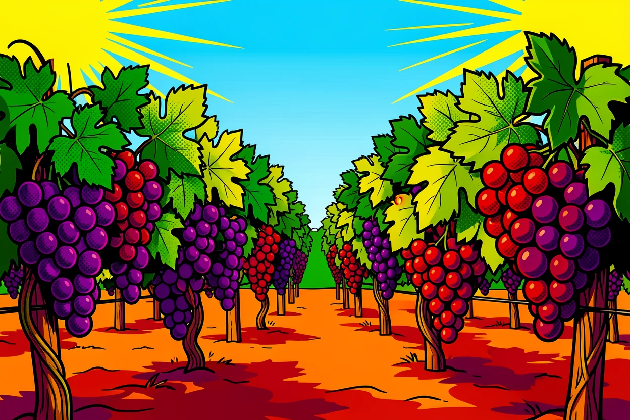 A vineyard at harvest time with rows of ripe grapes