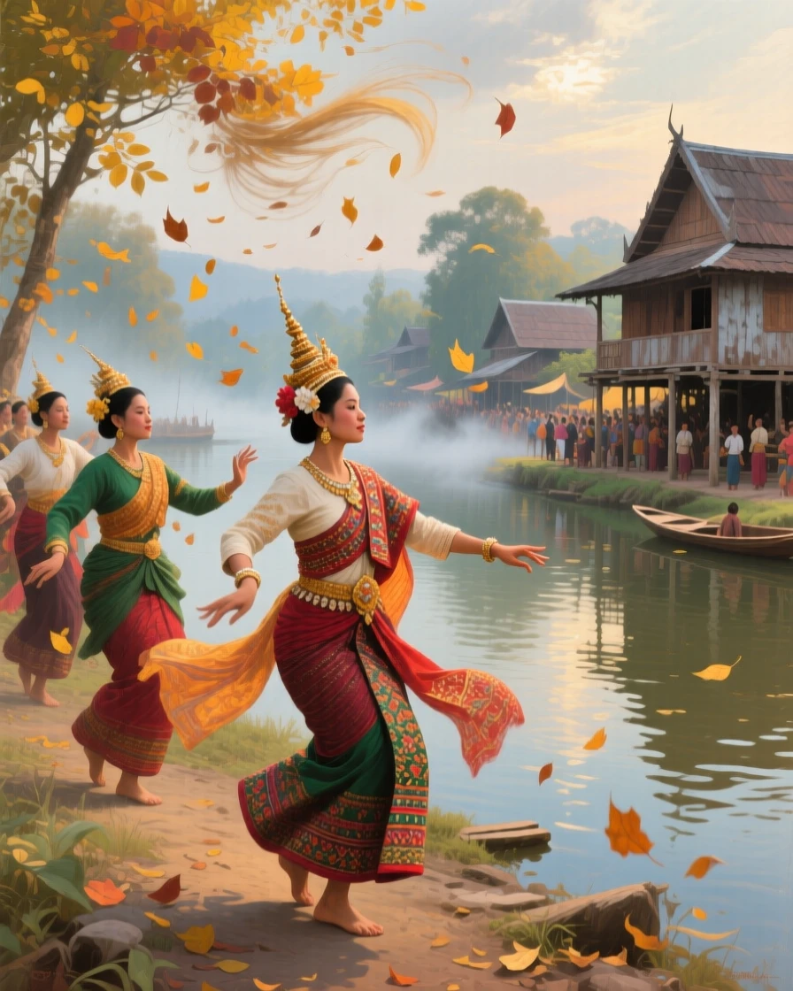 An expansive vista of a traditional folk dance performed in colorful costumes at a village fair, amid swirling autumn wind, in a Thai river village.