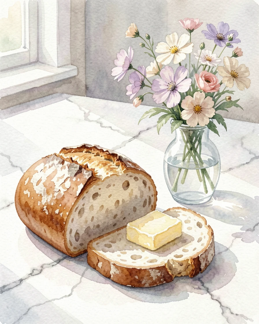 A rustic loaf of fresh bread with a pat of butter on a marble countertop with a small vase of flowers nearby.