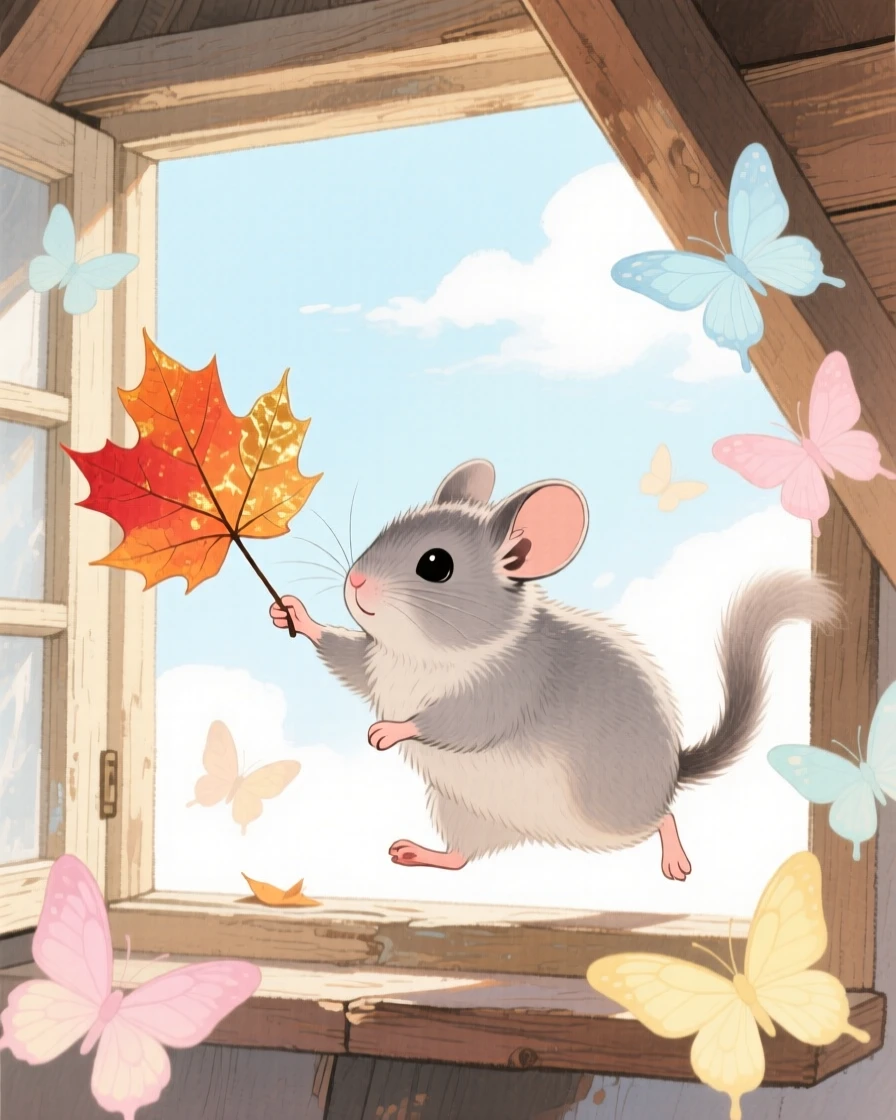 A chinchilla chases a fluttering leaf in a cozy attic window, as butterflies drift nearby