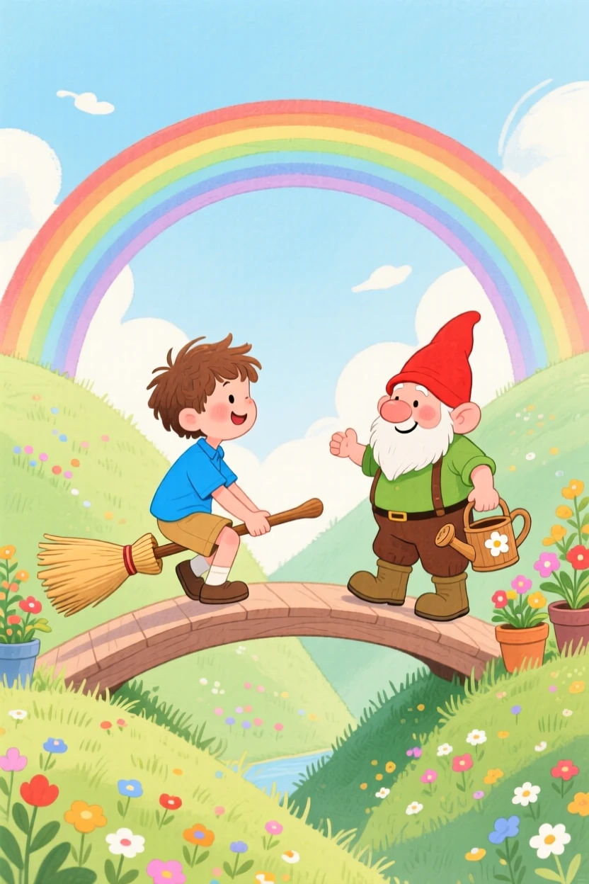 A boy riding a toy broomstick meeting a cheerful gnome gardener in a rainbow bridge between two hills.