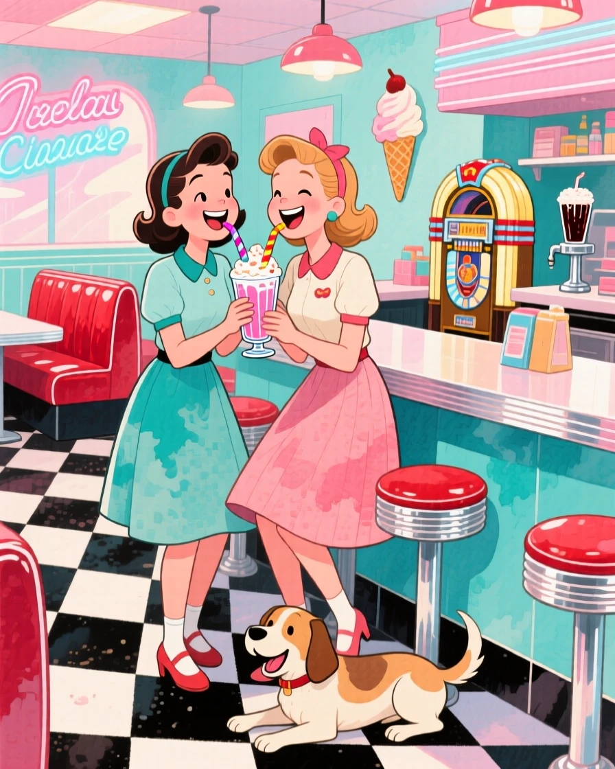 Two best friends sharing a milkshake with two straws at a diner counter, in a retro 1950s-style ice cream parlor, with a dog resting happily at their feet, the sweetness of true friendship.