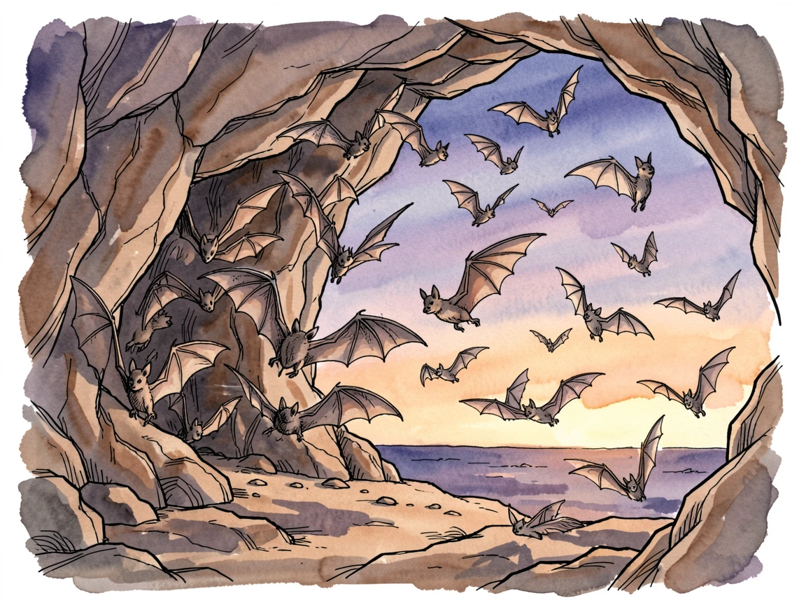 A colony of bats swirling out from a cave entrance at dusk, soft shadows stretching long across the ground.