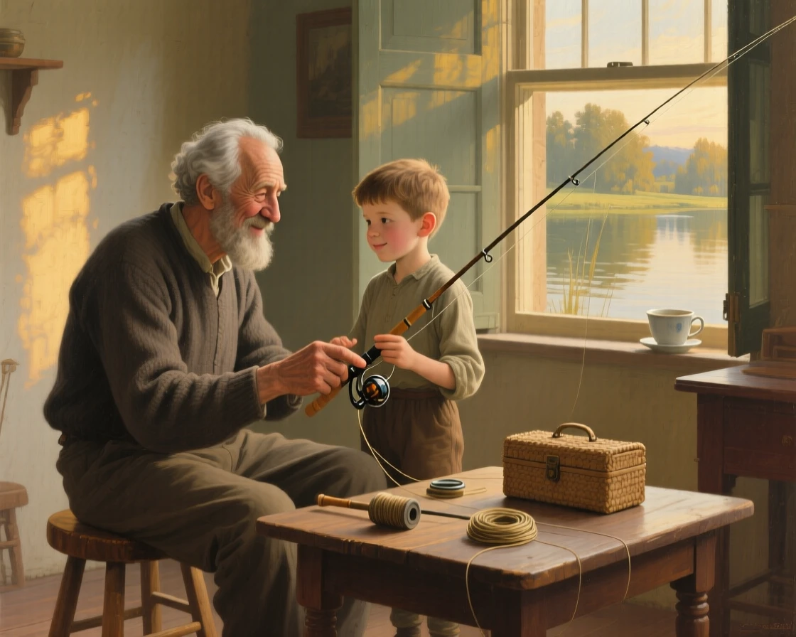 A grandfather teaching his grandson to fish at a quiet pond in a scene glowing with warmth and quiet devotion, set within a cozy home lit by late afternoon sun, with soft golden light catching genuine, unguarded smiles; gentle framing by a doorway or window softens the intimate scene, evoking pure, unguarded tenderness and love.