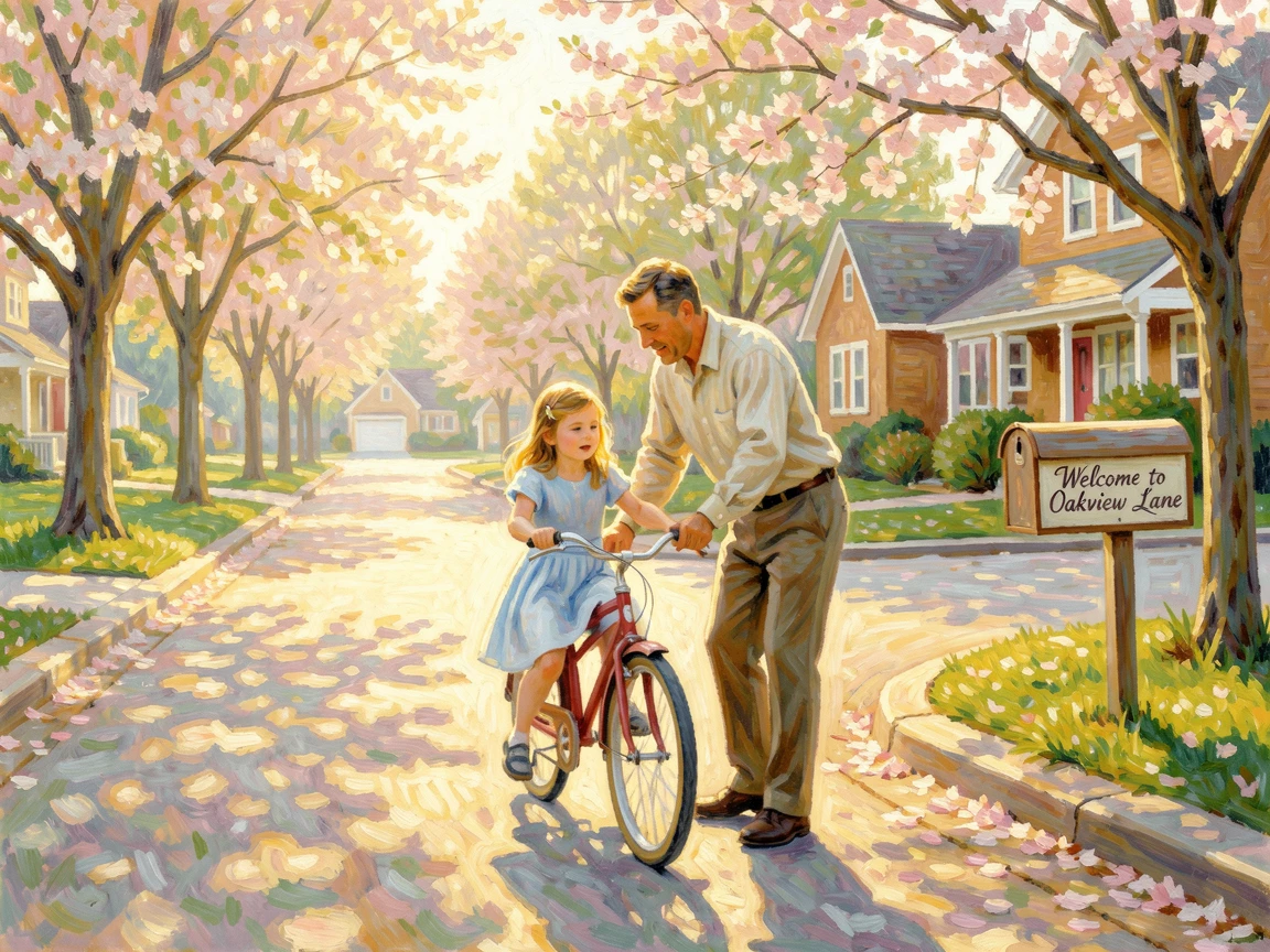 A father teaching his daughter to ride a bicycle on a sunlit suburban street lined with blooming trees.