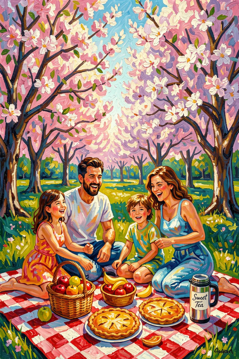 A family picnic spread across a checkered blanket in a park full of blooming trees.